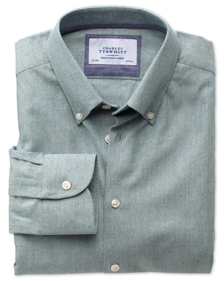 Charles Tyrwhitt Charles Tyrwhitt Slim Fit Button-down Collar Business Casual Green Cotton/wool Dress Shirt Size 16/33