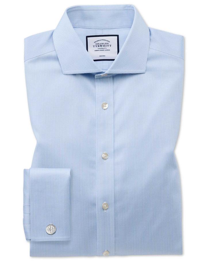  Slim Fit Non-iron Spread Collar Sky Blue Puppytooth Cotton Dress Shirt French Cuff Size 15/34 By Charles Tyrwhitt