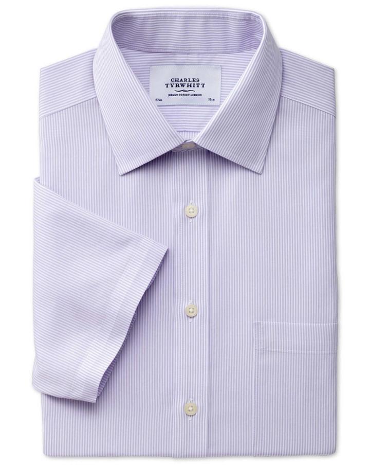 Charles Tyrwhitt Charles Tyrwhitt Slim Fit Non-iron Short Sleeve Bengal Stripe Lilac Cotton Dress Shirt Size 16/short