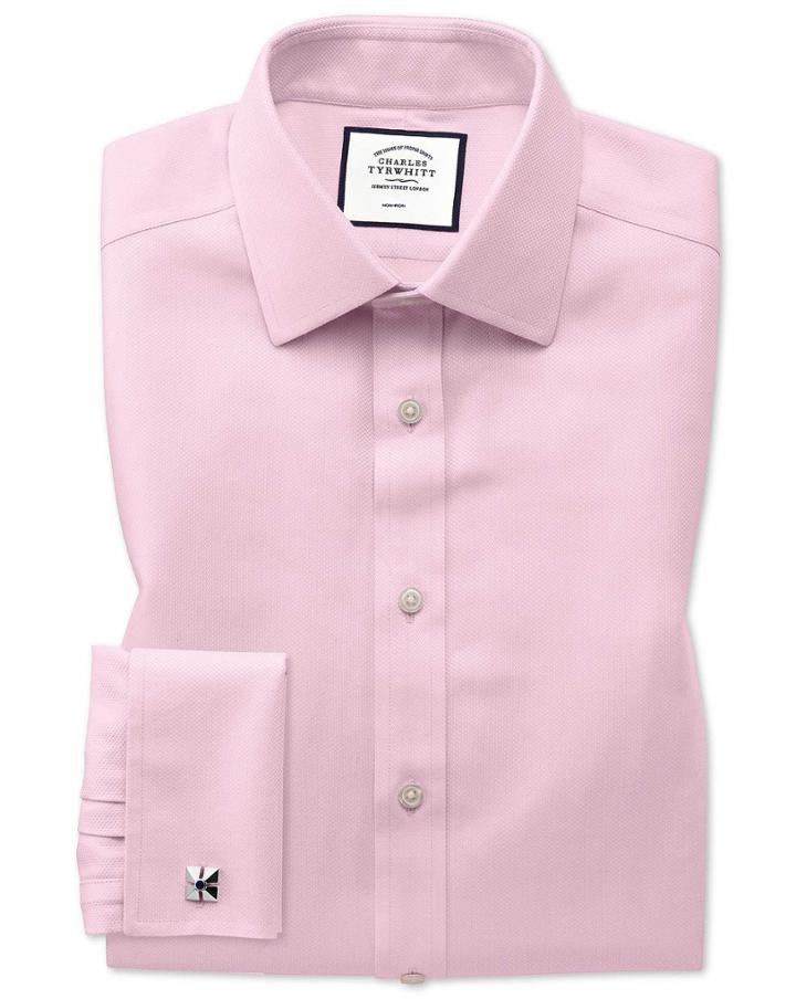  Extra Slim Fit Non-iron Pink Arrow Weave Cotton Dress Shirt French Cuff Size 14.5/32 By Charles Tyrwhitt