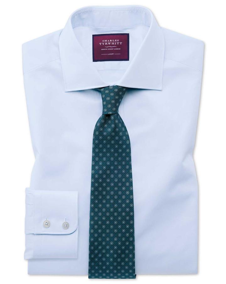  Classic Fit Sky Blue Luxury Twill Egyptian Cotton Dress Shirt Single Cuff Size 16/36 By Charles Tyrwhitt