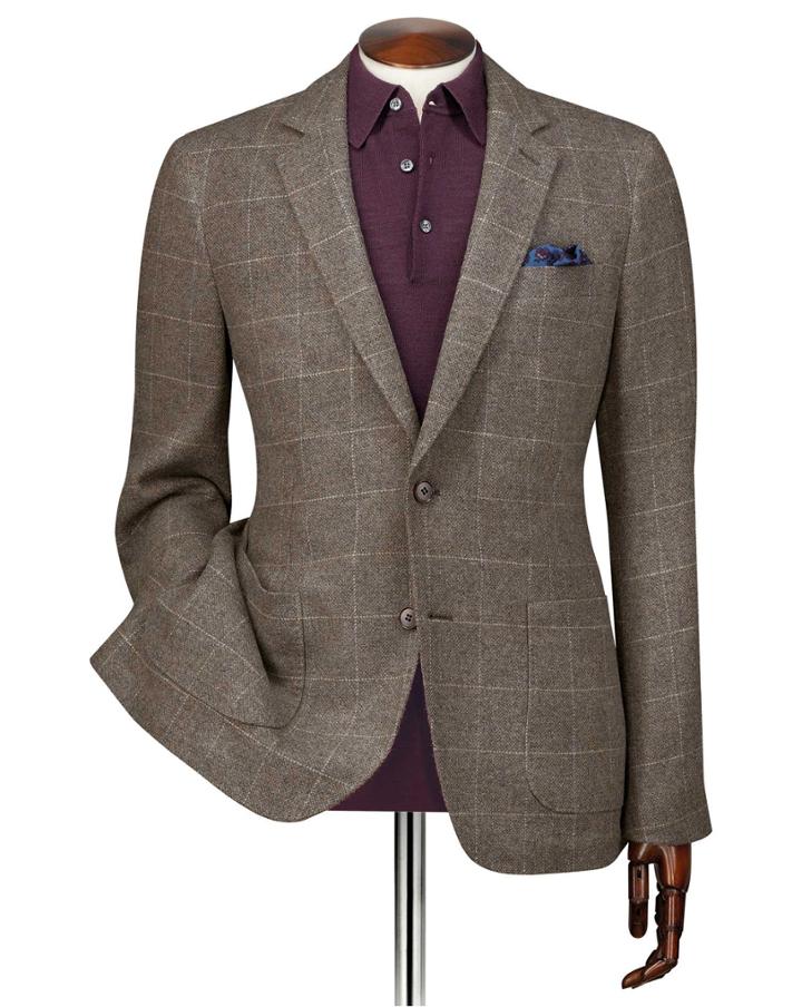  Slim Fit Brown Checkered Modern Wool Wool Blazer Size 40 By Charles Tyrwhitt
