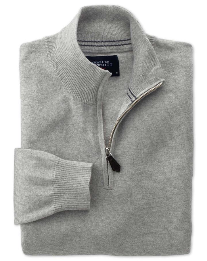 Charles Tyrwhitt Charles Tyrwhitt Light Grey Cotton Cashmere Zip Neck Cotton/cashmere Sweater Size Xxl