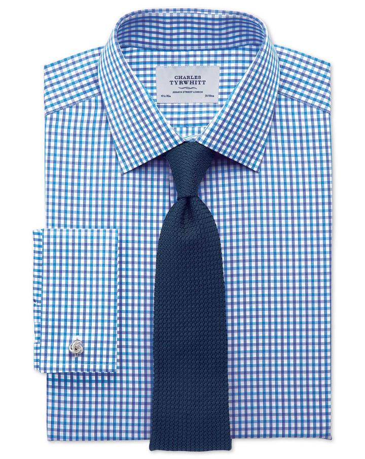  Extra Slim Fit Two Color Check Blue Cotton Dress Shirt French Cuff Size 14.5/33 By Charles Tyrwhitt