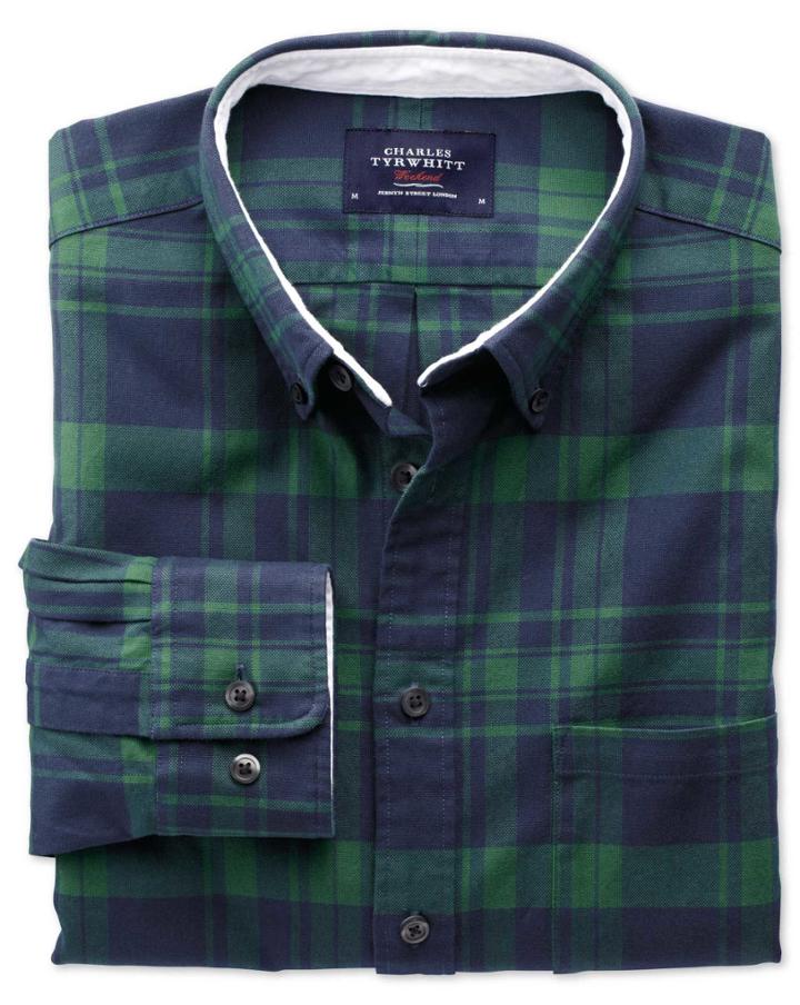 Charles Tyrwhitt Charles Tyrwhitt Slim Fit Navy And Green Check Washed Oxford Cotton Dress Shirt Size Xs
