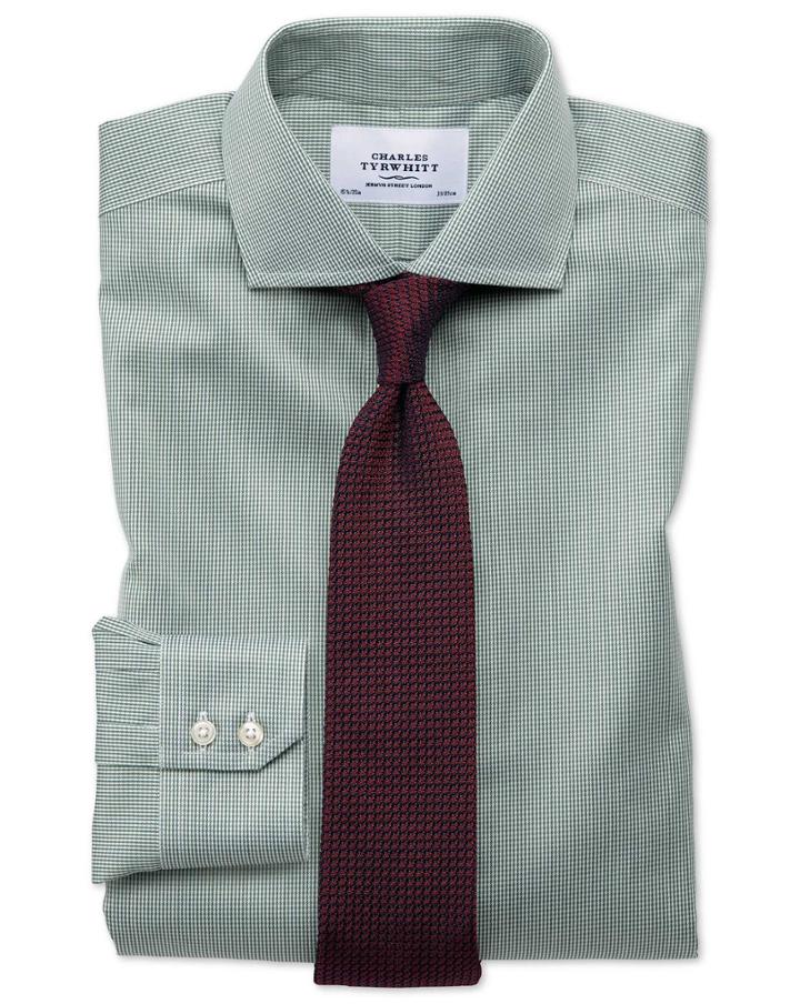  Extra Slim Fit Spread Collar Non-iron Puppytooth Olive Cotton Dress Shirt French Cuff Size 15/33 By Charles Tyrwhitt