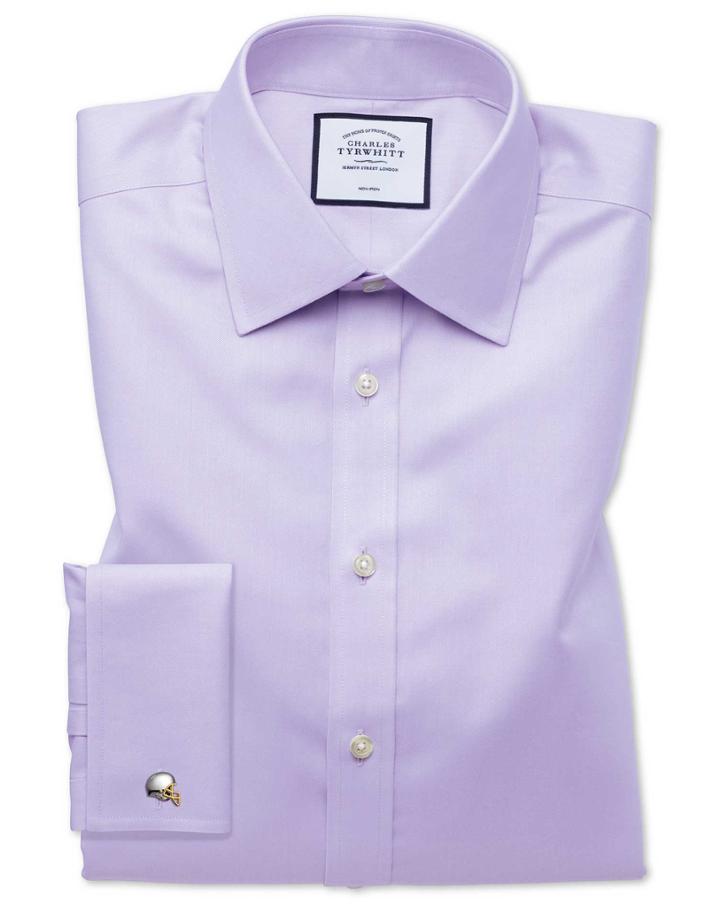  Classic Fit Non-iron Twill Lilac Cotton Dress Shirt Single Cuff Size 15/33 By Charles Tyrwhitt