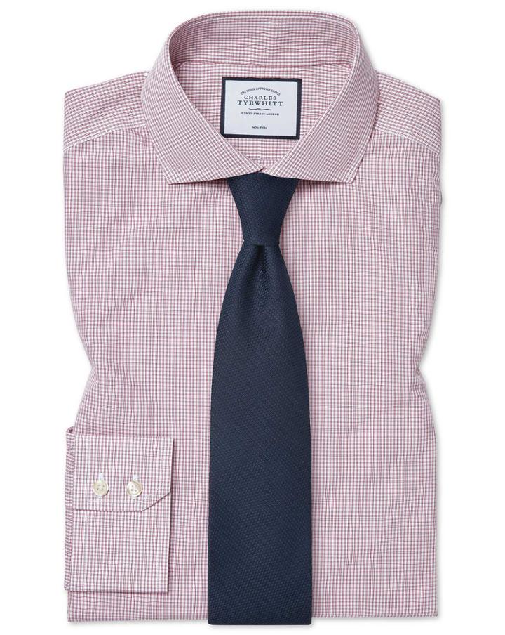  Classic Fit Non-iron Tyrwhitt Cool Poplin Check Berry Cotton Dress Shirt Single Cuff Size 15/33 By Charles Tyrwhitt