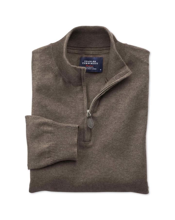 Charles Tyrwhitt Charles Tyrwhitt Brown Cotton Cashmere Zip Neck Sweater Size Xs