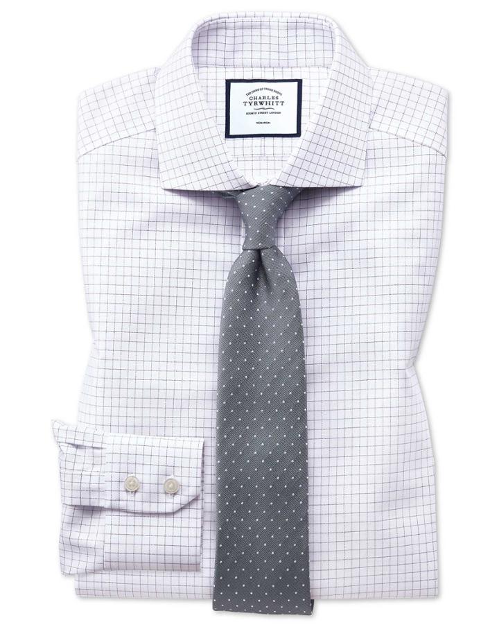  Slim Fit Non-iron Spread Collar Lilac Fine Check Cotton Dress Shirt Single Cuff Size 14.5/33 By Charles Tyrwhitt