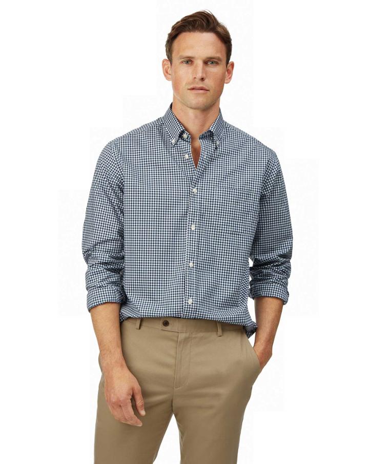  Classic Fit Navy Check Gingham Soft Washed Non-iron Stretch Poplin Cotton Casual Shirt Single Cuff Size Small By Charles Tyrwhitt