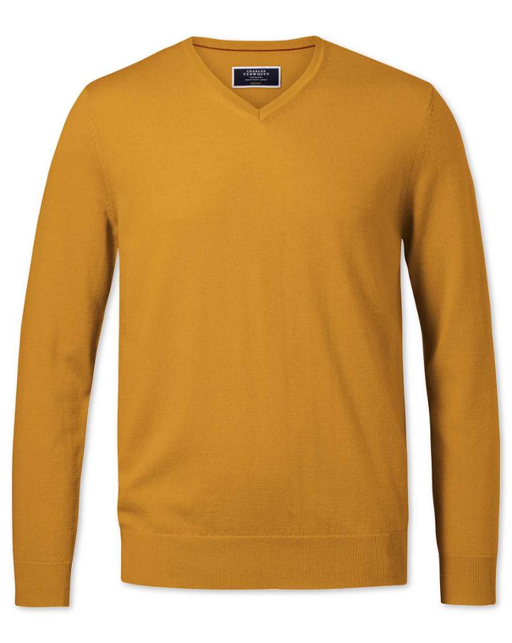  Gold Merino V-neck Merino Wool Jumper Size Large By Charles Tyrwhitt