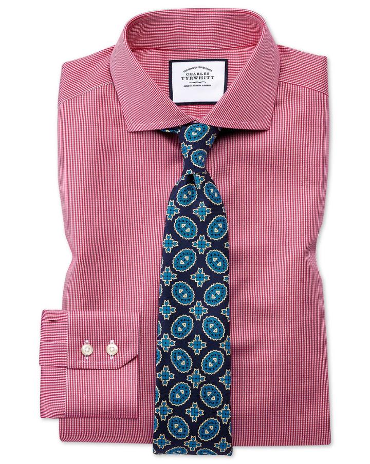 Charles Tyrwhitt Extra Slim Fit Spread Collar Non-iron Puppytooth Bright Pink Cotton Dress Shirt Single Cuff Size 14.5/32 By Charles Tyrwhitt