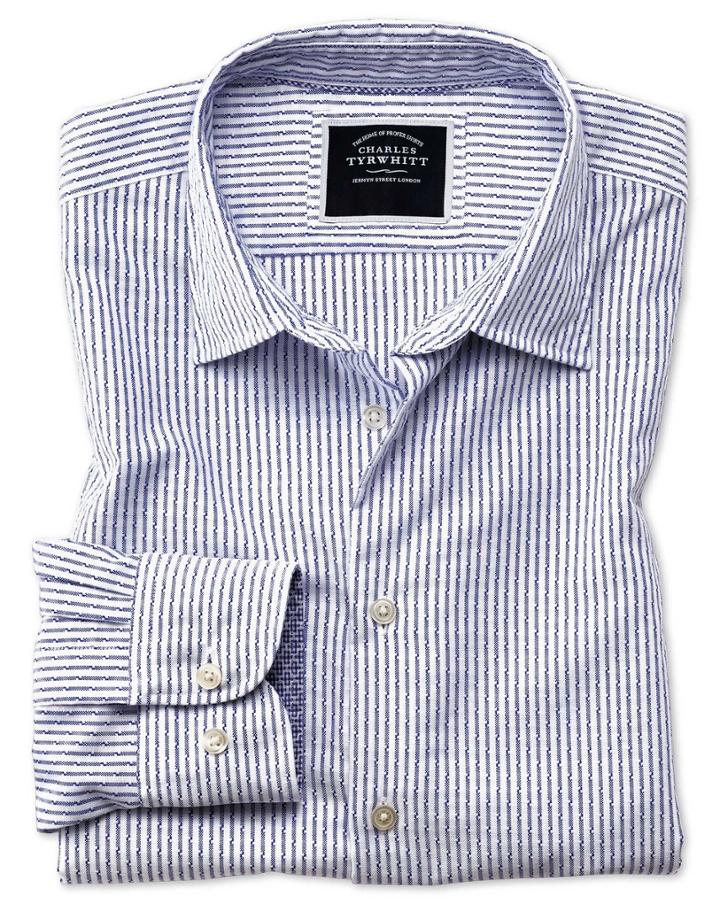 Charles Tyrwhitt Classic Fit Washed White And Blue Striped Textured Cotton Casual Shirt Single Cuff Size Large By Charles Tyrwhitt