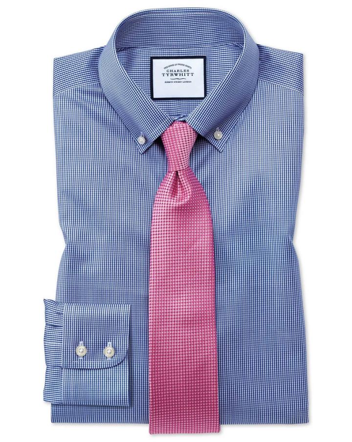 Charles Tyrwhitt Slim Fit Button-down Non-iron Twill Puppytooth Royal Blue Cotton Dress Shirt Single Cuff Size 14.5/32 By Charles Tyrwhitt