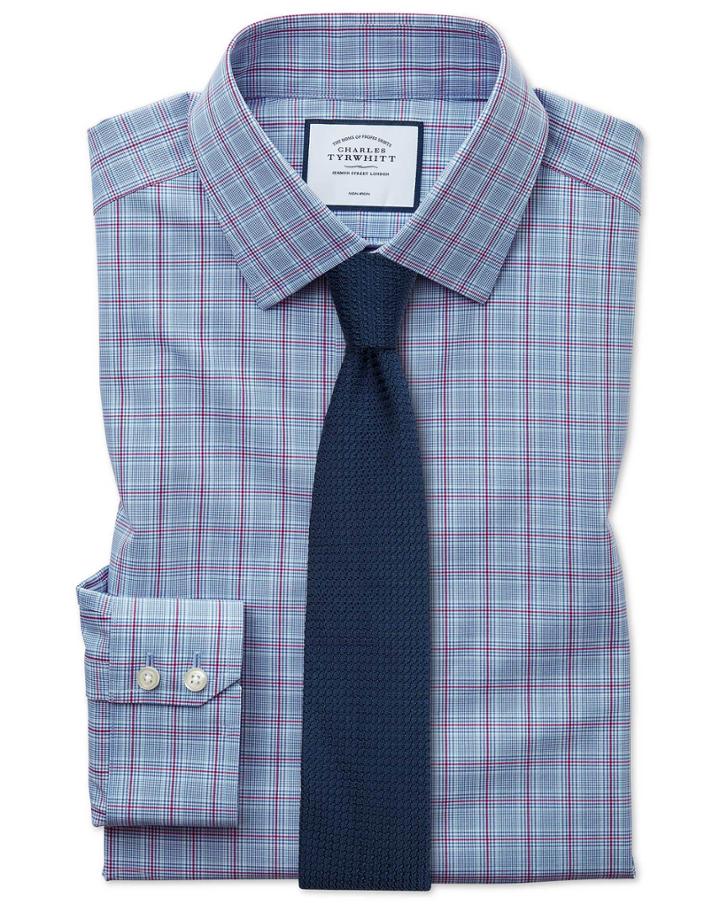  Slim Fit Non-iron Prince Of Wales Check Blue And Purple Cotton Dress Shirt French Cuff Size 14.5/33 By Charles Tyrwhitt