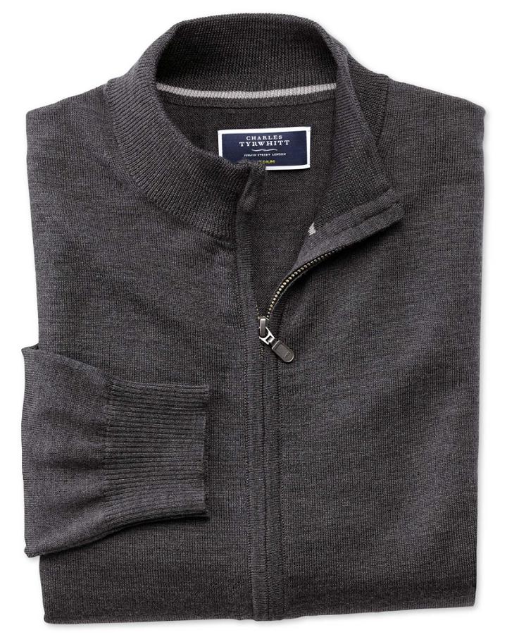 Charles Tyrwhitt Charcoal Merino Wool Zip Through Cardigan Size Small By Charles Tyrwhitt