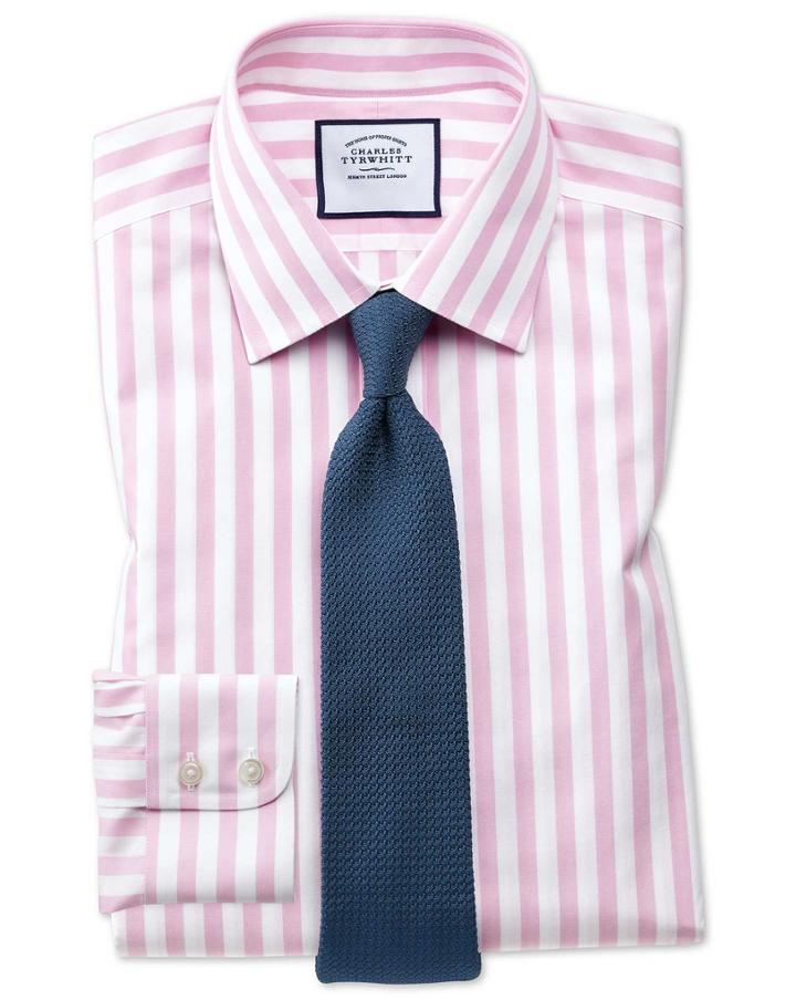  Slim Fit Non-iron Pink Wide Bengal Stripe Cotton Dress Shirt Single Cuff Size 16/35 By Charles Tyrwhitt