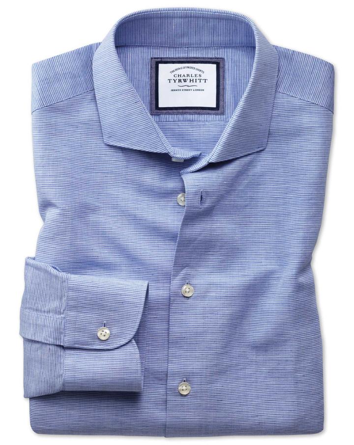  Extra Slim Fit Spread Collar Business Casual Linen Cotton Blue Cotton Linen Mix Dress Shirt Single Cuff Size 14.5/32 By Charles Tyrwhitt