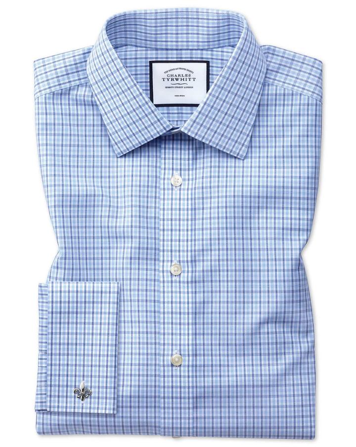  Slim Fit Non-iron Poplin Blue And Sky Blue Cotton Dress Shirt French Cuff Size 15/33 By Charles Tyrwhitt
