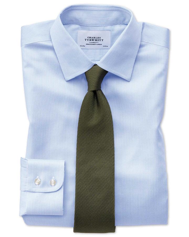  Extra Slim Fit Non-iron Puppytooth Sky Blue Cotton Dress Shirt French Cuff Size 14.5/33 By Charles Tyrwhitt