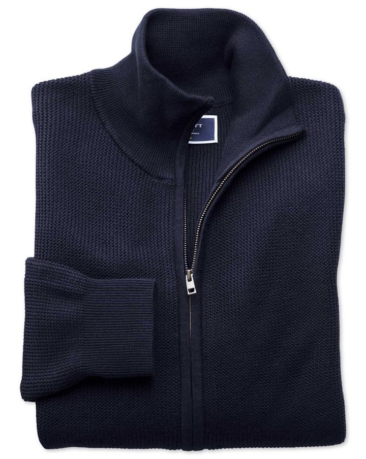 Charles Tyrwhitt Navy Pima Cotton Textured Zip Through Cardigan Size Medium By Charles Tyrwhitt