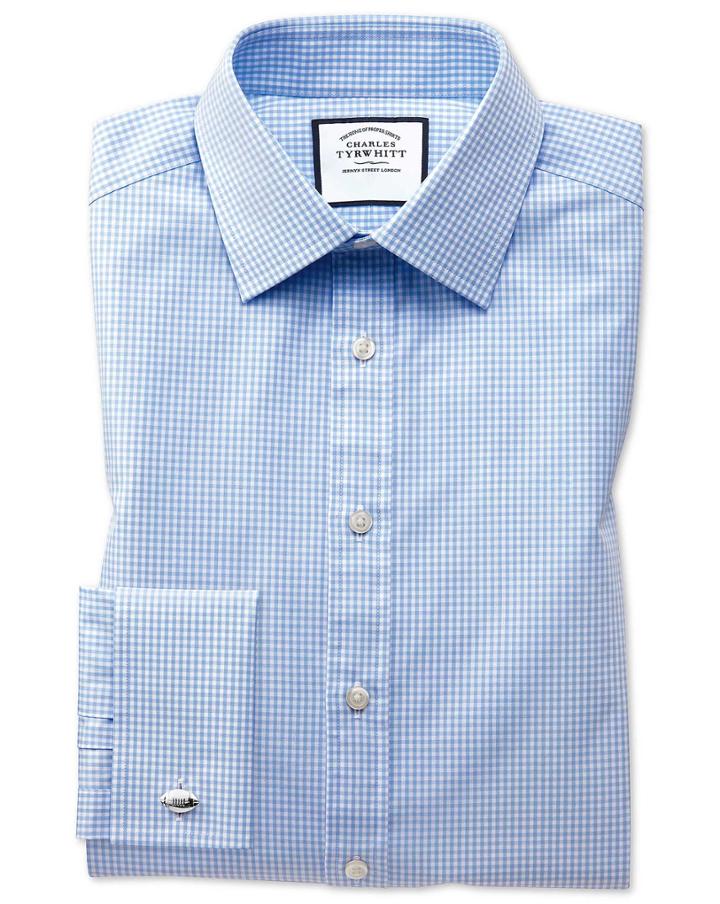  Extra Slim Fit Small Gingham Sky Blue Cotton Dress Shirt Single Cuff Size 14.5/32 By Charles Tyrwhitt