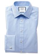  Extra Slim Fit Small Gingham Sky Blue Cotton Dress Shirt Single Cuff Size 14.5/32 By Charles Tyrwhitt