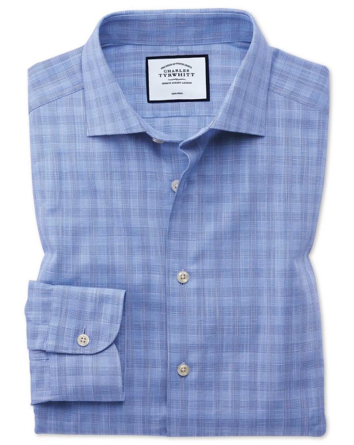  Slim Fit Business Casual Egyptian Cotton Slub Sky Blue Check Dress Shirt Single Cuff Size 14.5/33 By Charles Tyrwhitt
