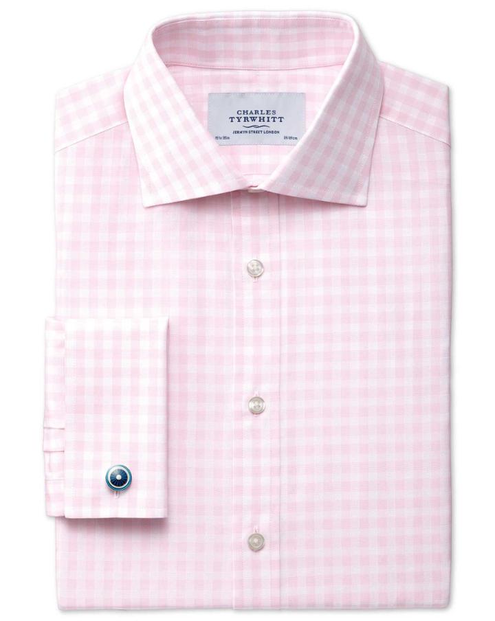 Charles Tyrwhitt Charles Tyrwhitt Slim Fit Semi-spread Collar Textured Gingham Pink Cotton Dress Shirt Size 15/35
