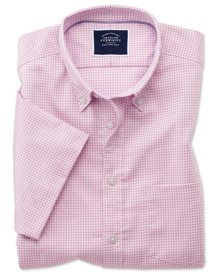  Slim Fit Pink Short Sleeve Gingham Soft Washed Non-iron Stretch Cotton Casual Shirt Single Cuff Size Small By Charles Tyrwhitt