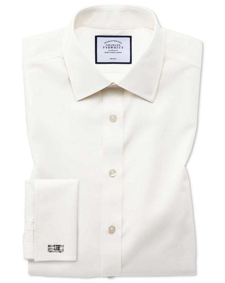  Classic Fit Cream Non-iron Poplin Cotton Dress Shirt Single Cuff Size 15.5/35 By Charles Tyrwhitt