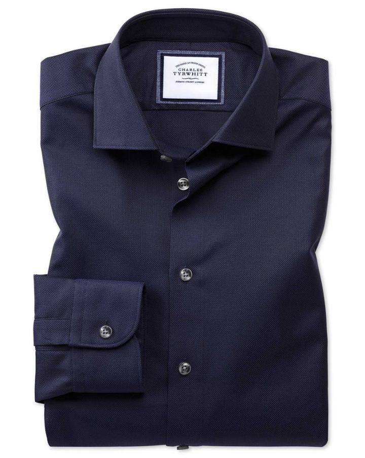 Charles Tyrwhitt Slim Fit Semi-spread Collar Business Casual Navy Textured Egyptian Cotton Dress Shirt Single Cuff Size 15/34 By Charles Tyrwhitt