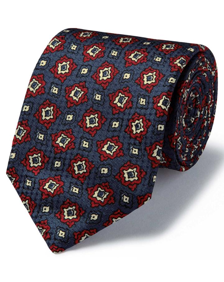  Navy And Red Geo Multi Print Textured English Luxury Silk Tie By Charles Tyrwhitt