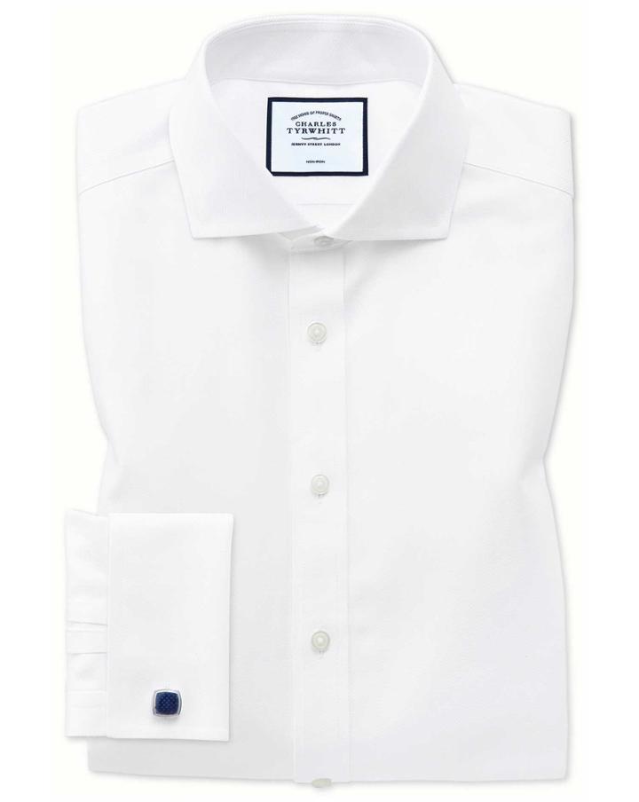 Slim Fit Spread Collar Non-iron Herringbone White Cotton Dress Shirt Single Cuff Size 16/34 By Charles Tyrwhitt