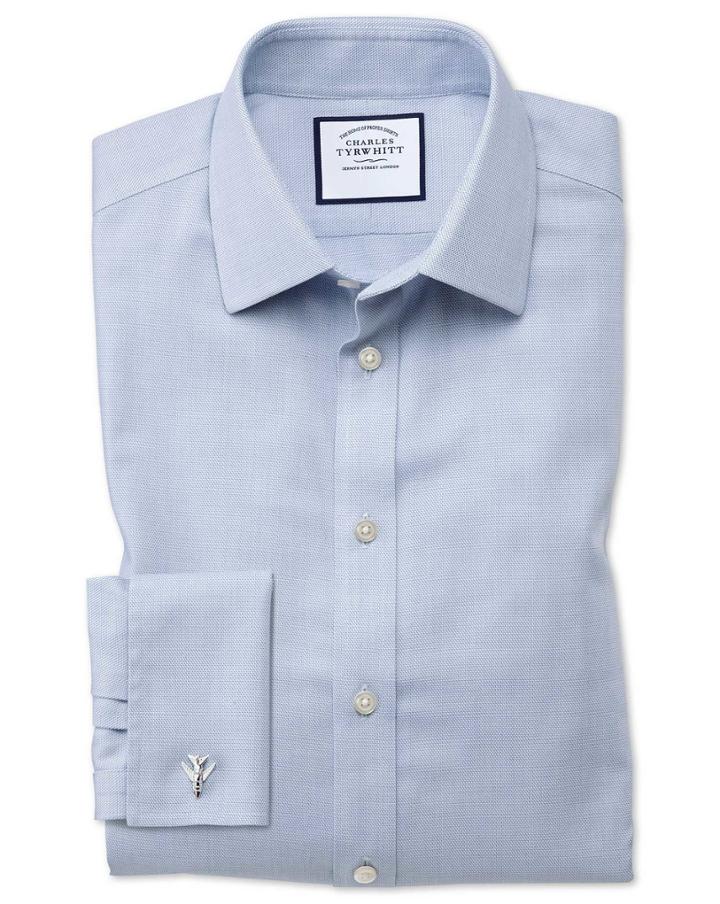 Charles Tyrwhitt Extra Slim Fit Non-iron Step Weave Mid Blue Cotton Dress Shirt Single Cuff Size 14.5/32 By Charles Tyrwhitt