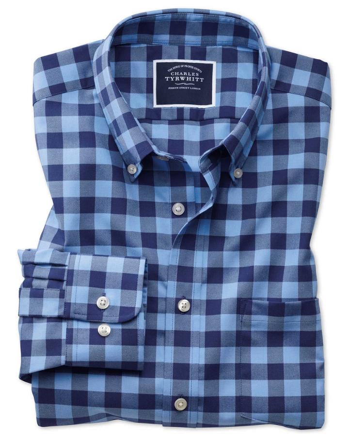 Charles Tyrwhitt Slim Fit Button-down Non-iron Twill Blue And Navy Gingham Cotton Casual Shirt Single Cuff Size Large By Charles Tyrwhitt