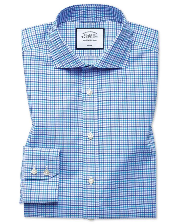  Classic Fit Non-iron Tyrwhitt Cool Poplin Purple Multi Cotton Dress Shirt Single Cuff Size 15/33 By Charles Tyrwhitt