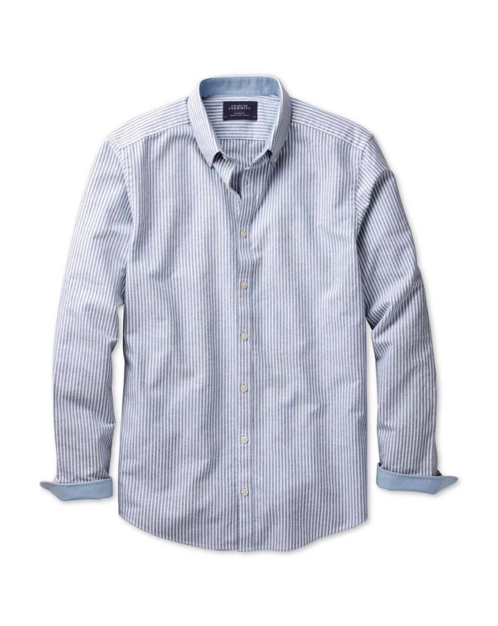 Charles Tyrwhitt Charles Tyrwhitt Classic Fit Navy Bengal Stripe Washed Oxford Cotton Dress Shirt Size Small