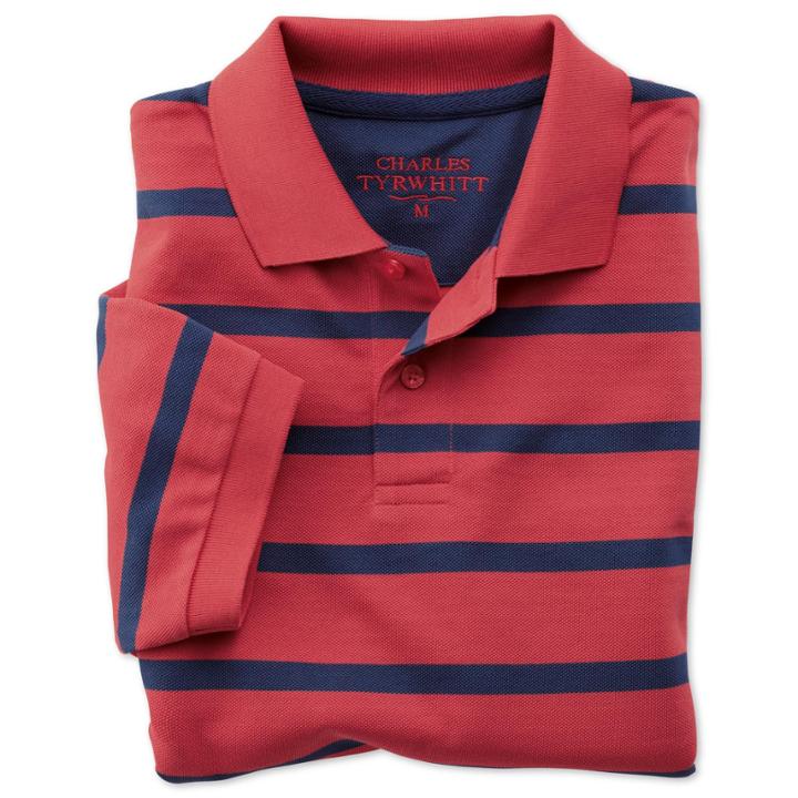 Charles Tyrwhitt Charles Tyrwhitt Salmon And Light Navy Short Sleeve Stripe Classic Fit Pique Polo (l)