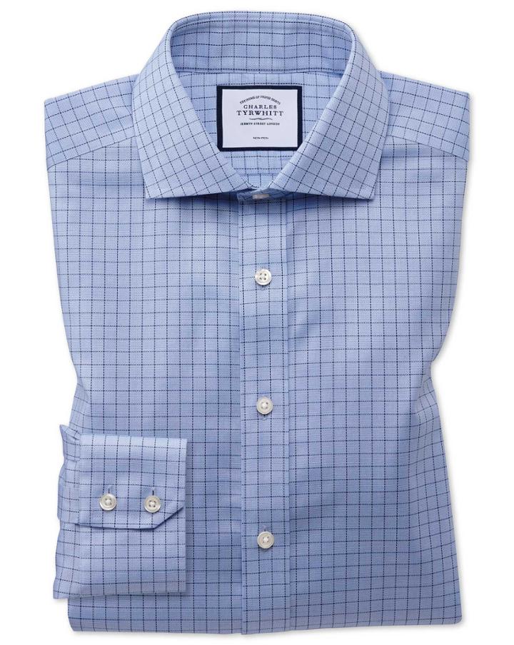  Slim Fit Non-iron Cotton Stretch Oxford Grid Check Blue Dress Shirt Single Cuff Size 14.5/32 By Charles Tyrwhitt