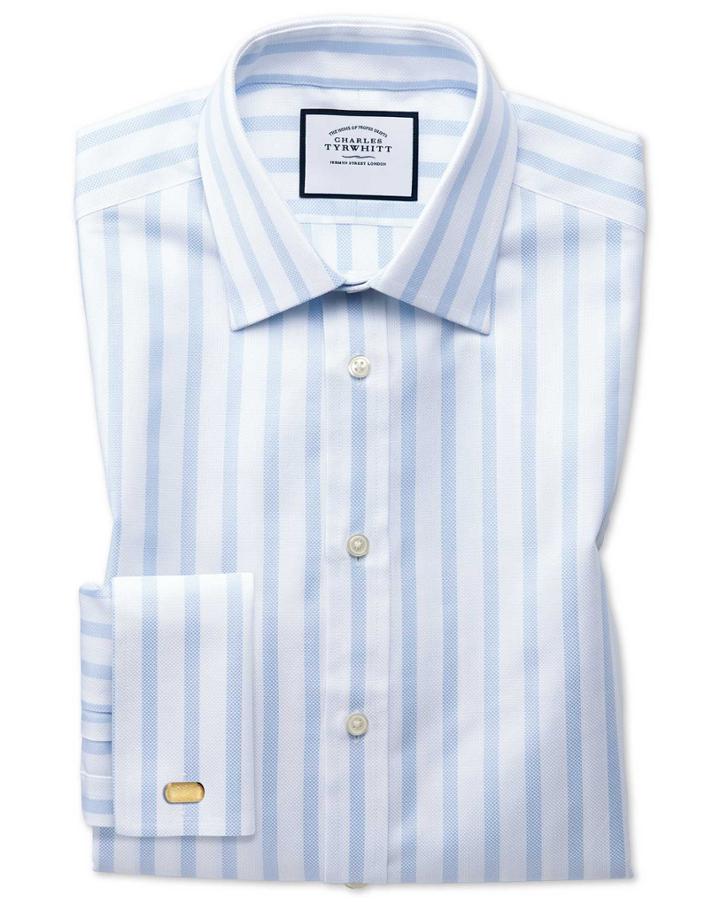  Extra Slim Fit Egyptian Cotton Royal Oxford Sky Blue Stripe Dress Shirt French Cuff Size 14.5/32 By Charles Tyrwhitt