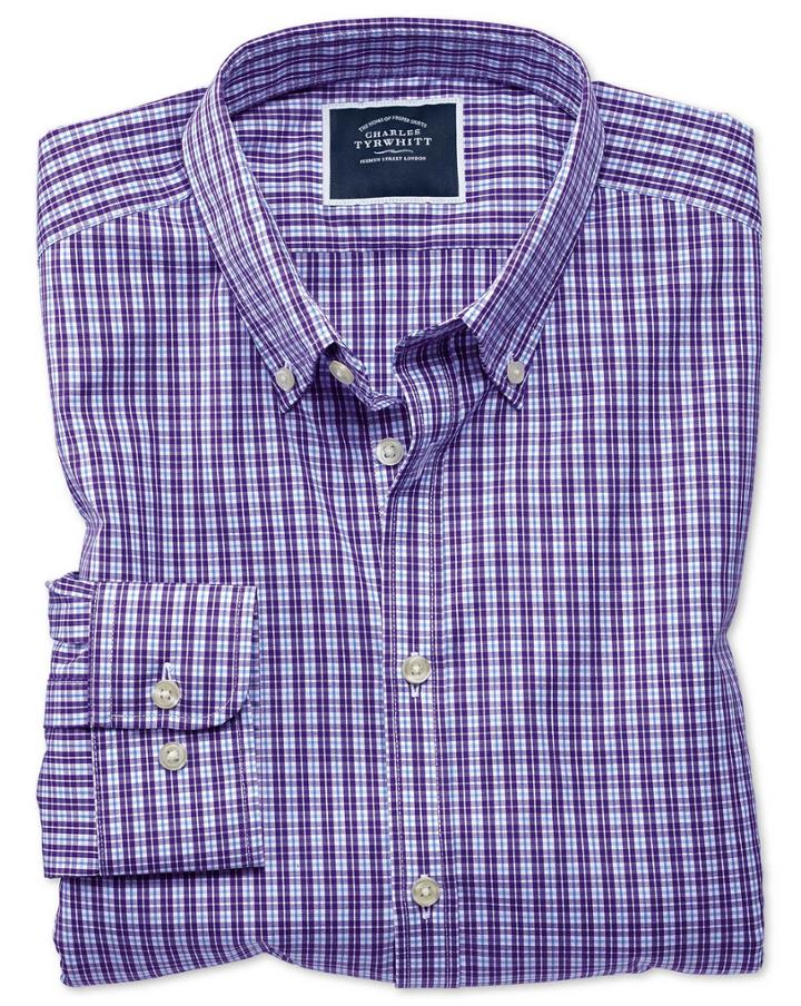  Extra Slim Fit Non-iron Purple Gingham Cotton Casual Shirt Single Cuff Size Xs By Charles Tyrwhitt