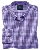  Extra Slim Fit Non-iron Purple Gingham Cotton Casual Shirt Single Cuff Size Xs By Charles Tyrwhitt