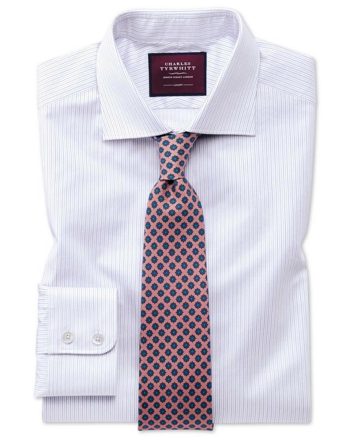  Classic Fit Luxury Fine Stripe Lilac Cotton Dress Shirt Single Cuff Size 15.5/33 By Charles Tyrwhitt