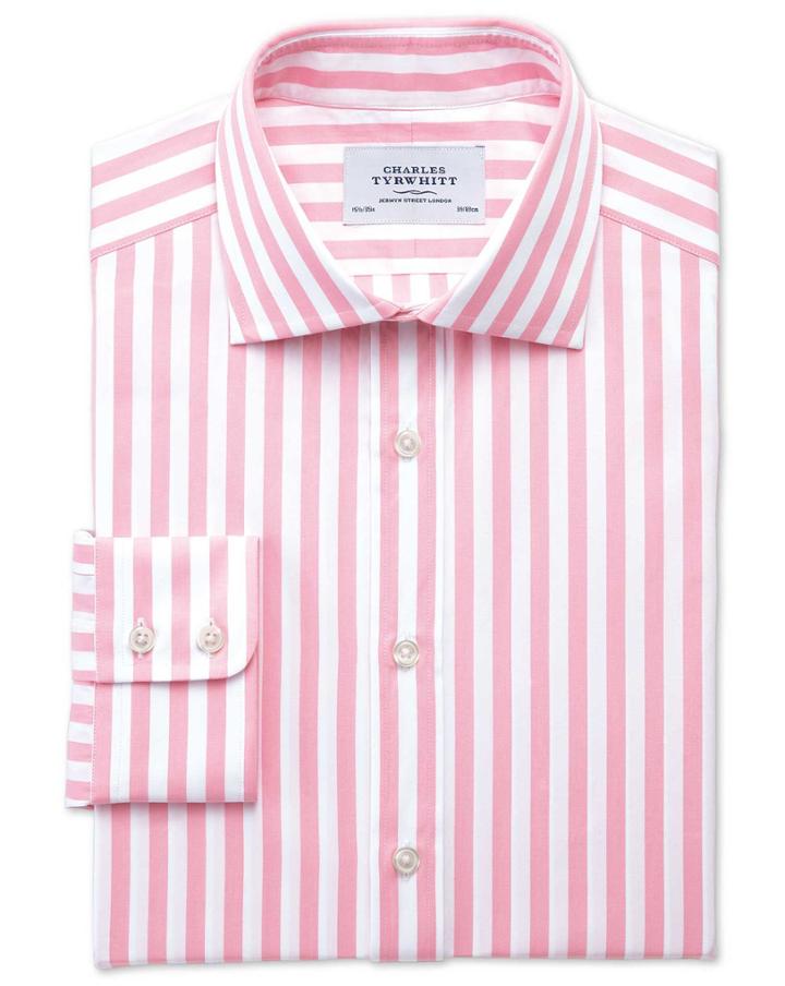 Charles Tyrwhitt Charles Tyrwhitt Slim Fit Semi-spread Collar Egyptian Cotton Stripe Pink Dress Shirt Size 14.5/32