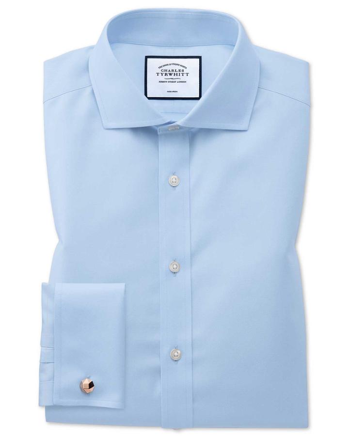  Slim Fit Spread Collar Non-iron Twill Sky Blue Cotton Dress Shirt French Cuff Size 14.5/33 By Charles Tyrwhitt