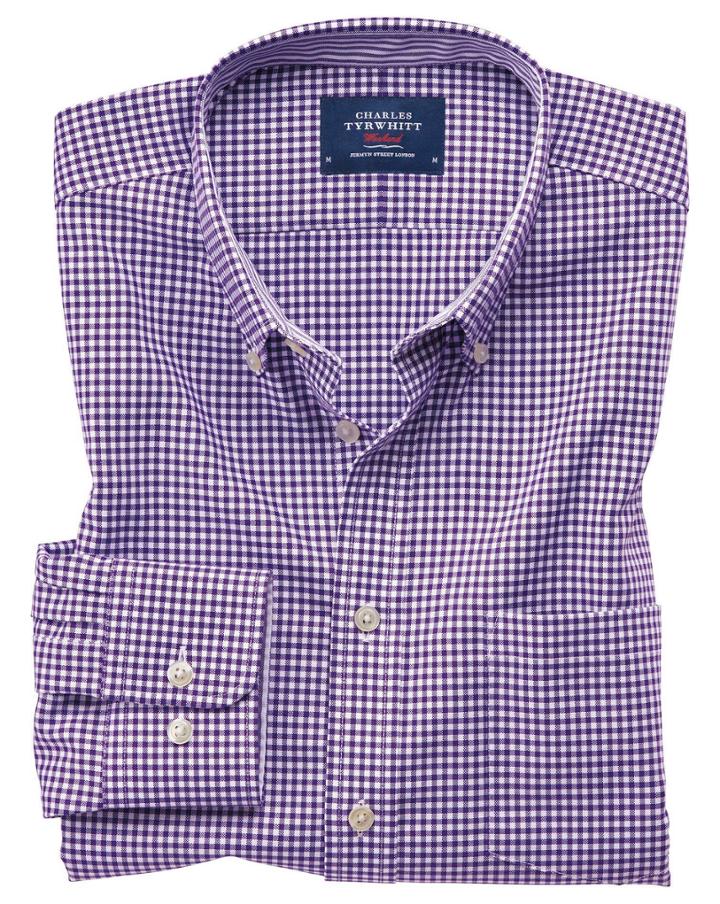 Charles Tyrwhitt Extra Slim Fit Button-down Non-iron Oxford Gingham Purple Stripe Cotton Casual Shirt Single Cuff Size Medium By Charles Tyrwhitt