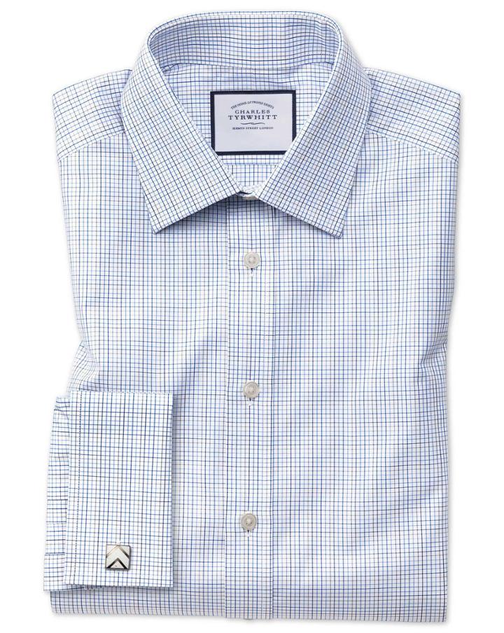  Extra Slim Fit Blue Multi Check Egyptian Cotton Dress Shirt French Cuff Size 14.5/32 By Charles Tyrwhitt