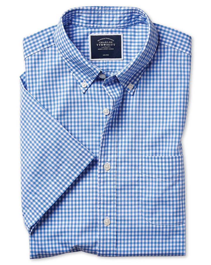 Slim Fit Sky Blue Short Sleeve Gingham Soft Washed Non-iron Stretch Poplin Cotton Casual Shirt Single Cuff Size Large By Charles Tyrwhitt